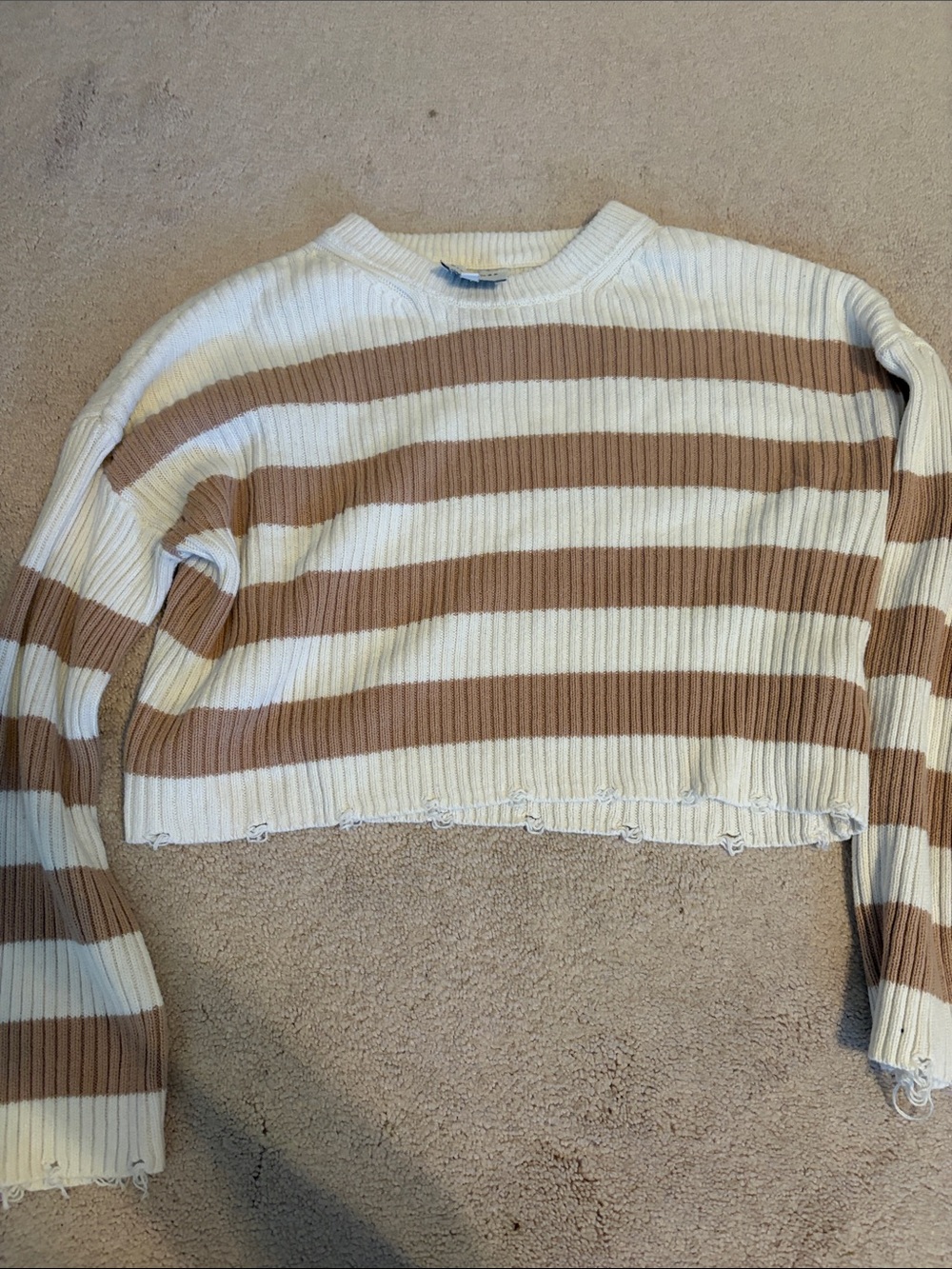 Pink Rose Cropped Striped Sweater - Cream & Brown